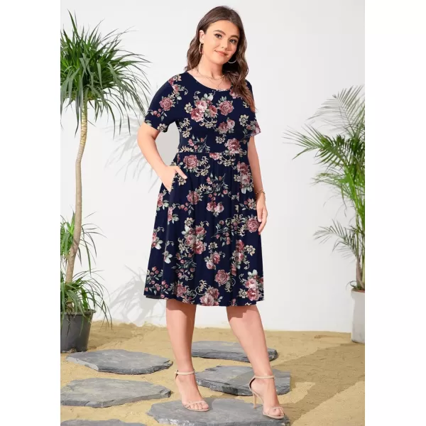 POSESHE Womens Plus Size Summer Dress 2023 Casual Short Sleeve Empire Waist Loose Fit Swing T-Shirt Dress with Pockets