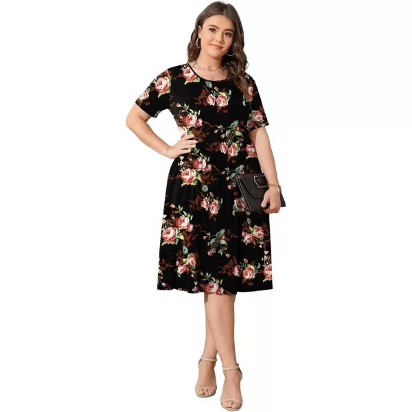 POSESHE Womens Plus Size Summer Dress 2023 Casual Short Sleeve Empire Waist Loose Fit Swing T-Shirt Dress with Pockets