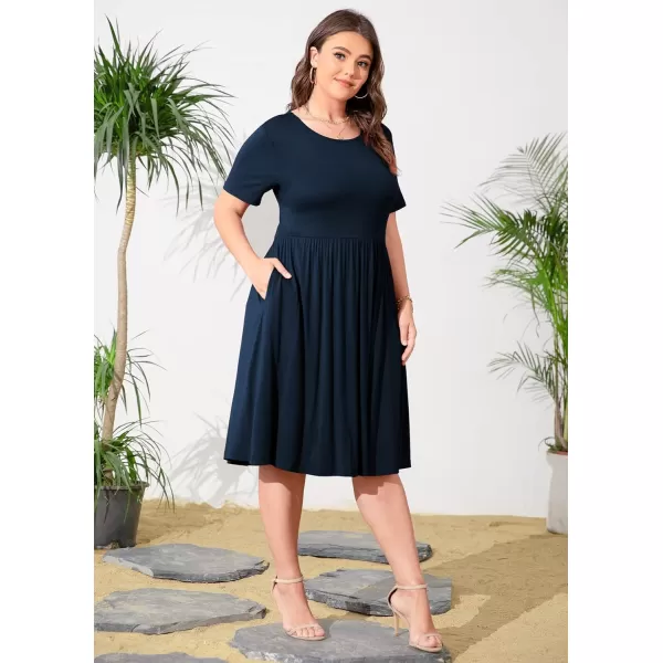 POSESHE Womens Plus Size Summer Dress 2023 Casual Short Sleeve Empire Waist Loose Fit Swing T-Shirt Dress with Pockets
