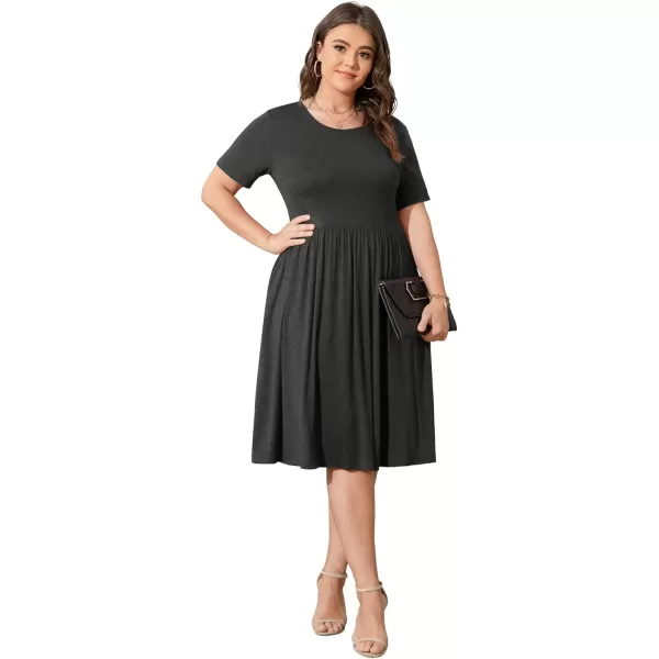 POSESHE Womens Plus Size Summer Dress 2023 Casual Short Sleeve Empire Waist Loose Fit Swing T-Shirt Dress with Pockets