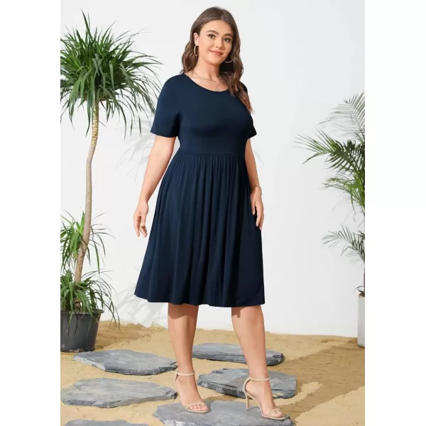 POSESHE Womens Plus Size Summer Dress 2023 Casual Short Sleeve Empire Waist Loose Fit Swing T-Shirt Dress with Pockets