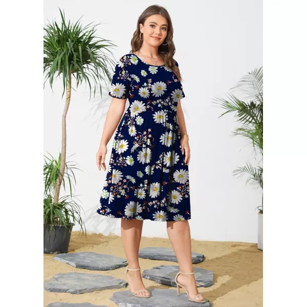 POSESHE Womens Plus Size Summer Dress 2023 Casual Short Sleeve Empire Waist Loose Fit Swing T-Shirt Dress with Pockets