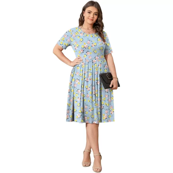 POSESHE Womens Plus Size Summer Dress 2023 Casual Short Sleeve Empire Waist Loose Fit Swing T-Shirt Dress with Pockets