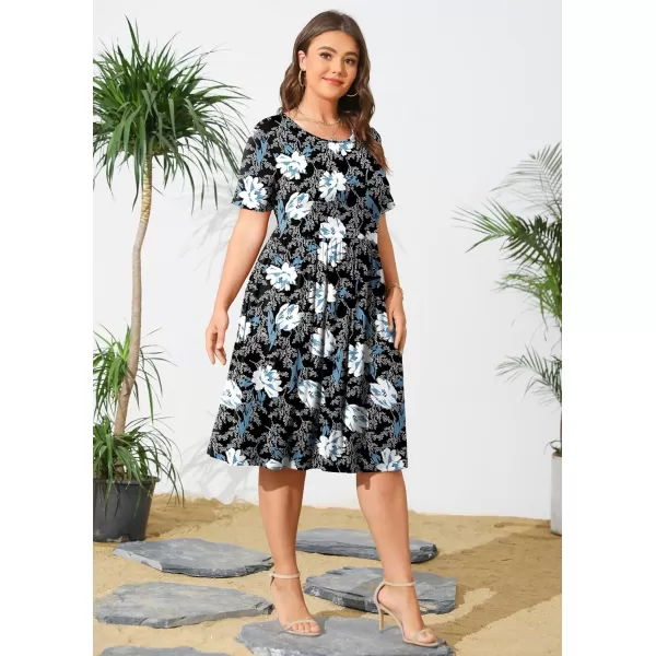 POSESHE Womens Plus Size Summer Dress 2023 Casual Short Sleeve Empire Waist Loose Fit Swing T-Shirt Dress with Pockets