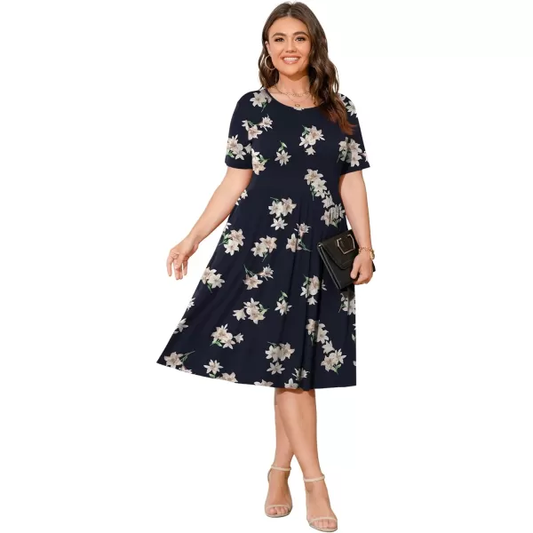 POSESHE Womens Plus Size Summer Dress 2023 Casual Short Sleeve Empire Waist Loose Fit Swing T-Shirt Dress with Pockets