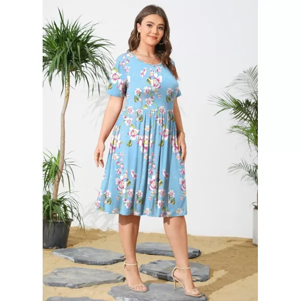 POSESHE Womens Plus Size Summer Dress 2023 Casual Short Sleeve Empire Waist Loose Fit Swing T-Shirt Dress with Pockets