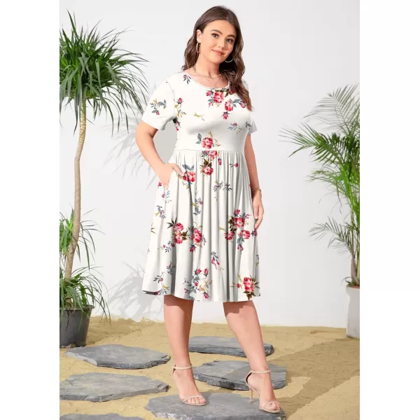 POSESHE Womens Plus Size Summer Dress 2023 Casual Short Sleeve Empire Waist Loose Fit Swing T-Shirt Dress with Pockets