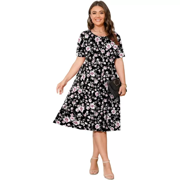 POSESHE Womens Plus Size Summer Dress 2023 Casual Short Sleeve Empire Waist Loose Fit Swing T-Shirt Dress with Pockets