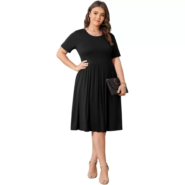 POSESHE Womens Plus Size Summer Dress 2023 Casual Short Sleeve Empire Waist Loose Fit Swing T-Shirt Dress with Pockets