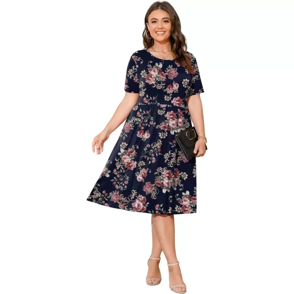 POSESHE Womens Plus Size Summer Dress 2023 Casual Short Sleeve Empire Waist Loose Fit Swing T-Shirt Dress with Pockets