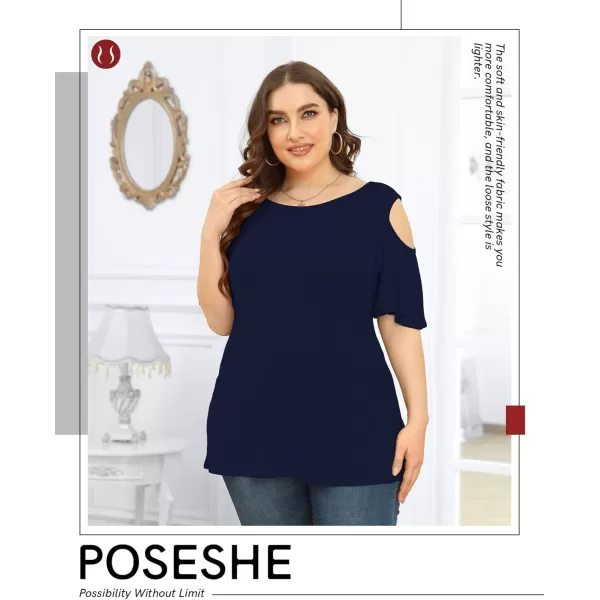 POSESHE Womens Plus Size Summer Tunic Tops Cold Shoulder Tee Ruffle Short Sleeve T Shirt