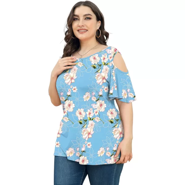 POSESHE Womens Plus Size Summer Tunic Tops Cold Shoulder Tee Ruffle Short Sleeve T Shirt