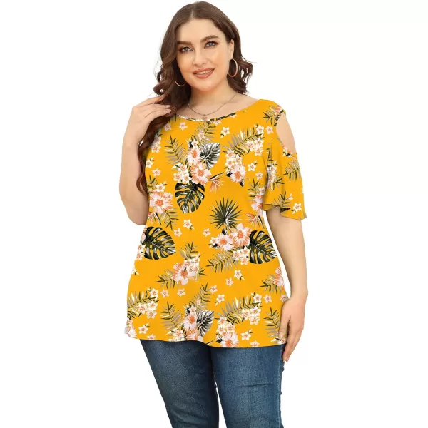POSESHE Womens Plus Size Summer Tunic Tops Cold Shoulder Tee Ruffle Short Sleeve T Shirt