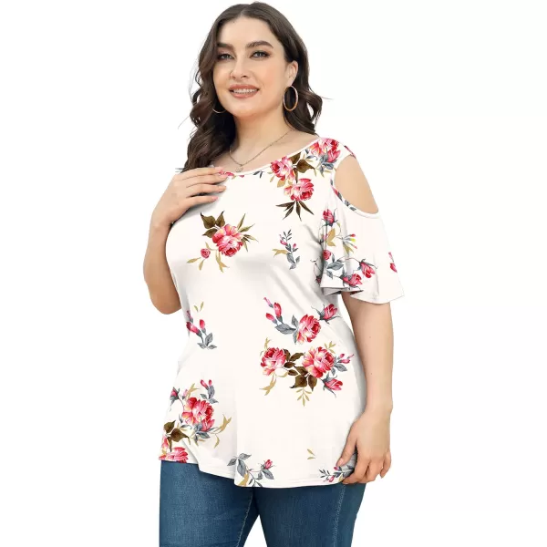POSESHE Womens Plus Size Summer Tunic Tops Cold Shoulder Tee Ruffle Short Sleeve T Shirt
