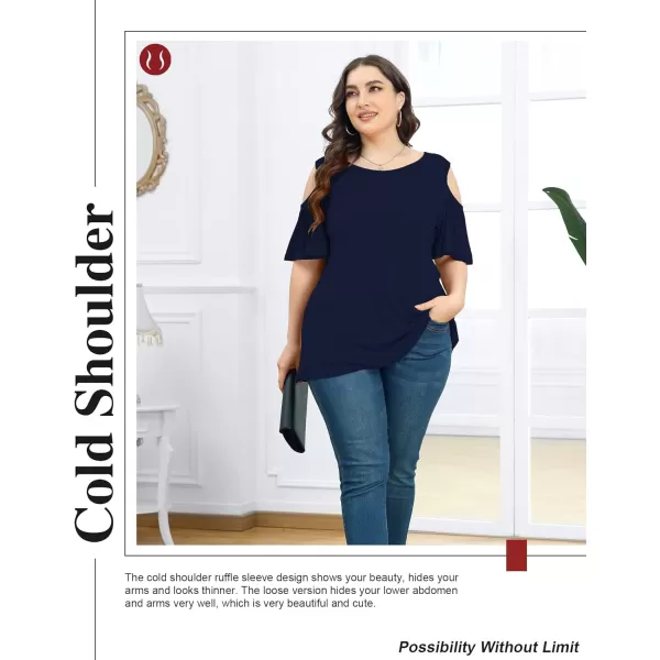 POSESHE Womens Plus Size Summer Tunic Tops Cold Shoulder Tee Ruffle Short Sleeve T Shirt