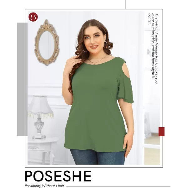 POSESHE Womens Plus Size Summer Tunic Tops Cold Shoulder Tee Ruffle Short Sleeve T Shirt