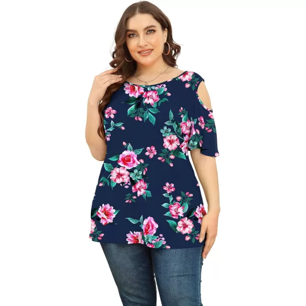 POSESHE Womens Plus Size Summer Tunic Tops Cold Shoulder Tee Ruffle Short Sleeve T Shirt