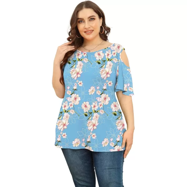 POSESHE Womens Plus Size Summer Tunic Tops Cold Shoulder Tee Ruffle Short Sleeve T Shirt
