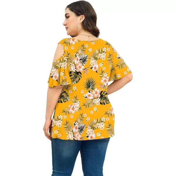 POSESHE Womens Plus Size Summer Tunic Tops Cold Shoulder Tee Ruffle Short Sleeve T Shirt