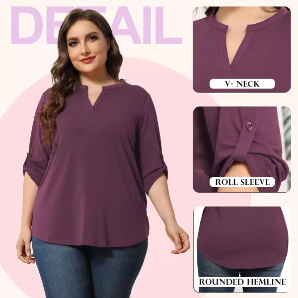 POSESHE Women's Plus Size Tunic Tops 3/4 Roll Sleeve Tops V Neck Shirts Casual Blouses