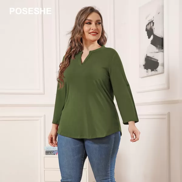 POSESHE Women's Plus Size Tunic Tops 3/4 Roll Sleeve Tops V Neck Shirts Casual Blouses