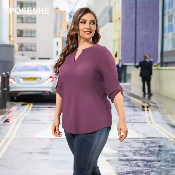 POSESHE Women's Plus Size Tunic Tops 3/4 Roll Sleeve Tops V Neck Shirts Casual Blouses