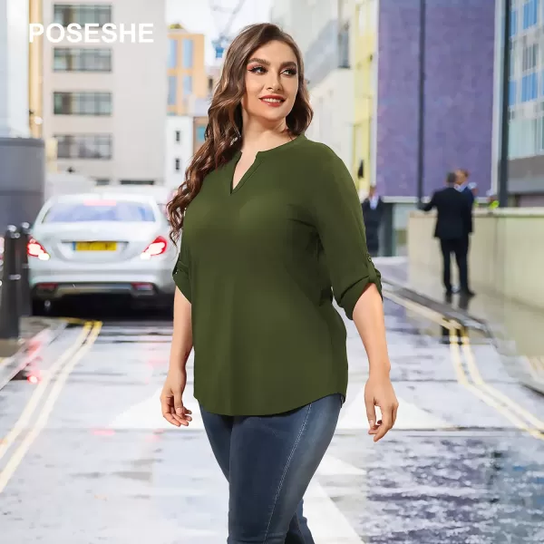 POSESHE Women's Plus Size Tunic Tops 3/4 Roll Sleeve Tops V Neck Shirts Casual Blouses