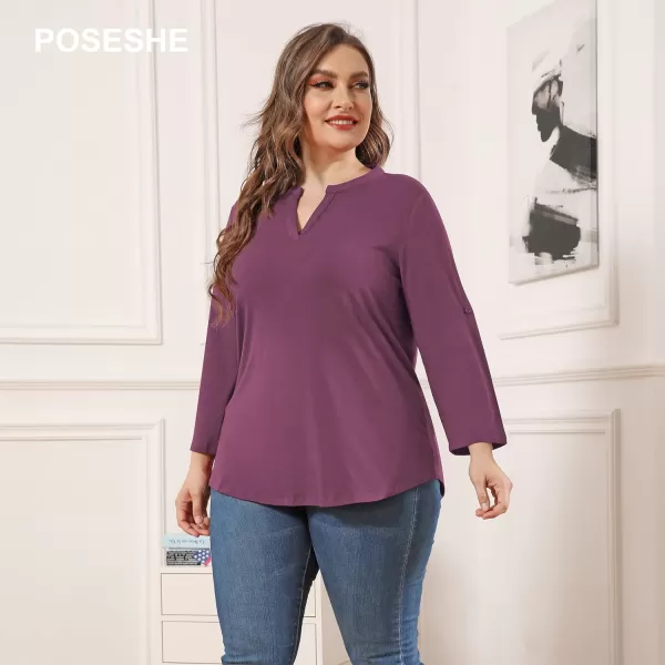 POSESHE Women's Plus Size Tunic Tops 3/4 Roll Sleeve Tops V Neck Shirts Casual Blouses
