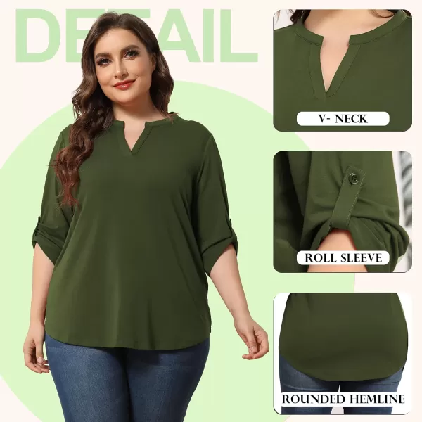 POSESHE Women's Plus Size Tunic Tops 3/4 Roll Sleeve Tops V Neck Shirts Casual Blouses