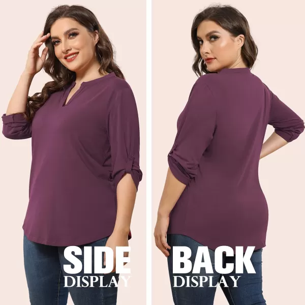 POSESHE Women's Plus Size Tunic Tops 3/4 Roll Sleeve Tops V Neck Shirts Casual Blouses