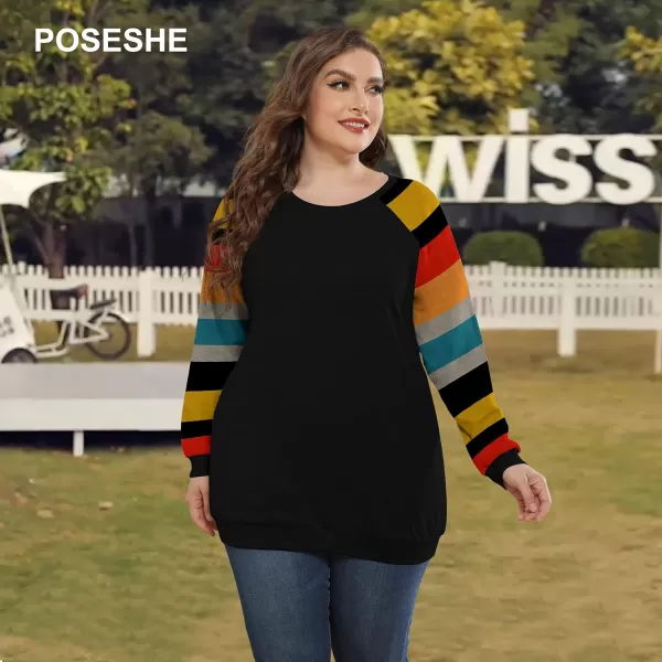 POSESHE Women's Plus Size Tunic Tops Long Sleeves Sweatshirts Color Block Blouses Loose Fit T Shirts