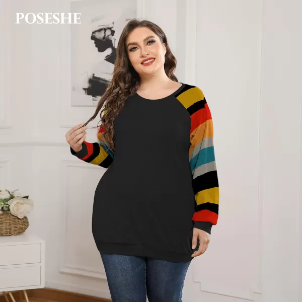 POSESHE Women's Plus Size Tunic Tops Long Sleeves Sweatshirts Color Block Blouses Loose Fit T Shirts