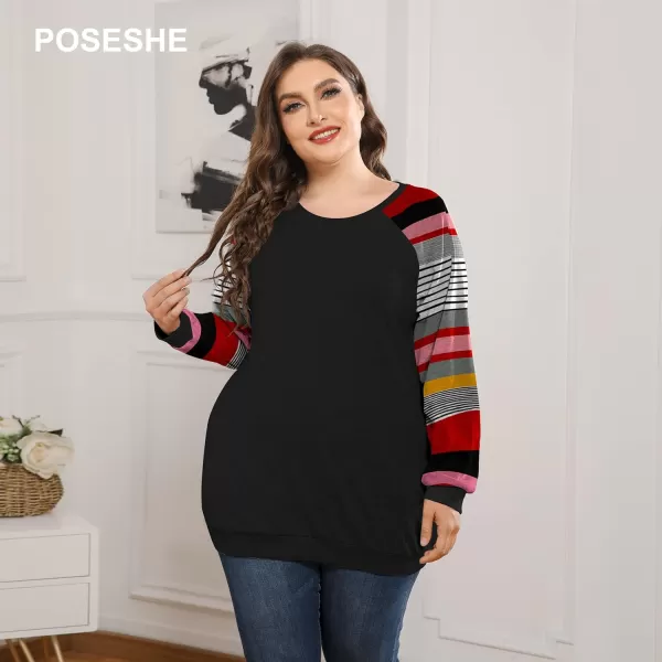 POSESHE Women's Plus Size Tunic Tops Long Sleeves Sweatshirts Color Block Blouses Loose Fit T Shirts