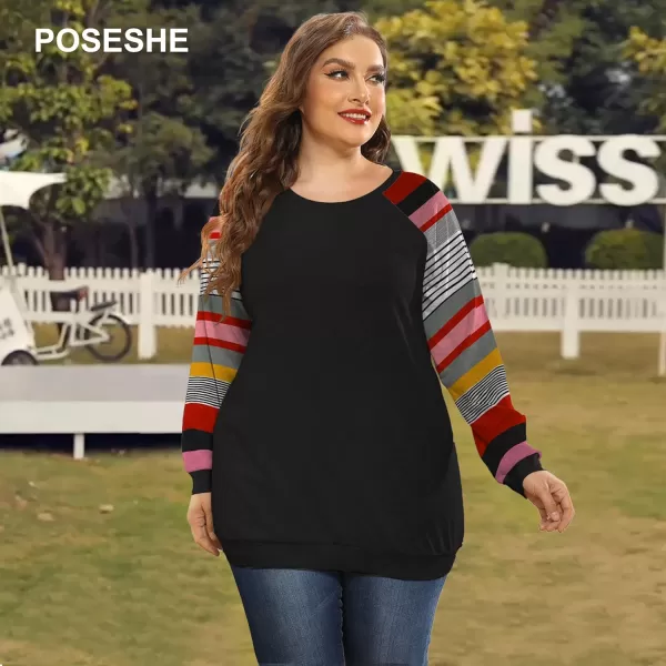 POSESHE Women's Plus Size Tunic Tops Long Sleeves Sweatshirts Color Block Blouses Loose Fit T Shirts