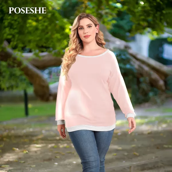 POSESHE Women's Plus Size Tunic Tops Long Sleeves Sweatshirts Color Block Blouses Loose Fit T Shirts