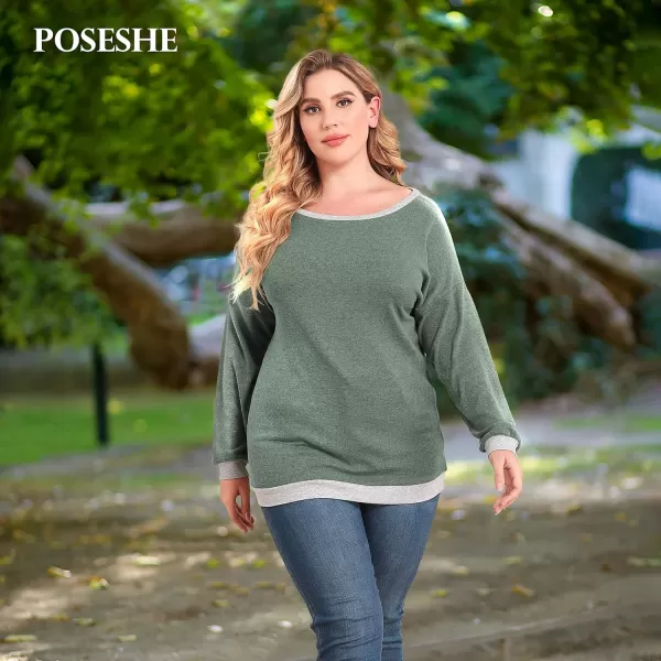 POSESHE Women's Plus Size Tunic Tops Long Sleeves Sweatshirts Color Block Blouses Loose Fit T Shirts