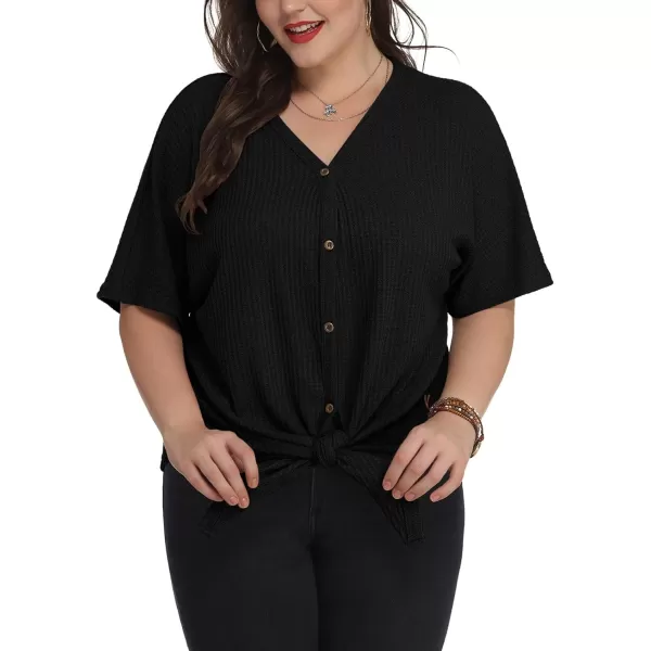 POSESHE Womens Plus Size Waffle Knit Tunic Blouse Tie Knot Henley Tops Loose Fitting Bat Wing Plain Shirts