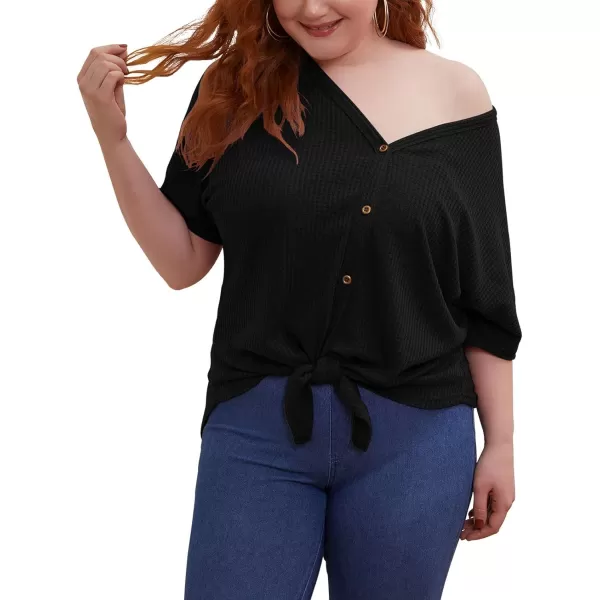 POSESHE Womens Plus Size Waffle Knit Tunic Blouse Tie Knot Henley Tops Loose Fitting Bat Wing Plain Shirts