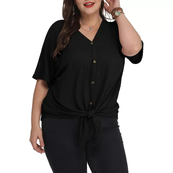 POSESHE Womens Plus Size Waffle Knit Tunic Blouse Tie Knot Henley Tops Loose Fitting Bat Wing Plain Shirts