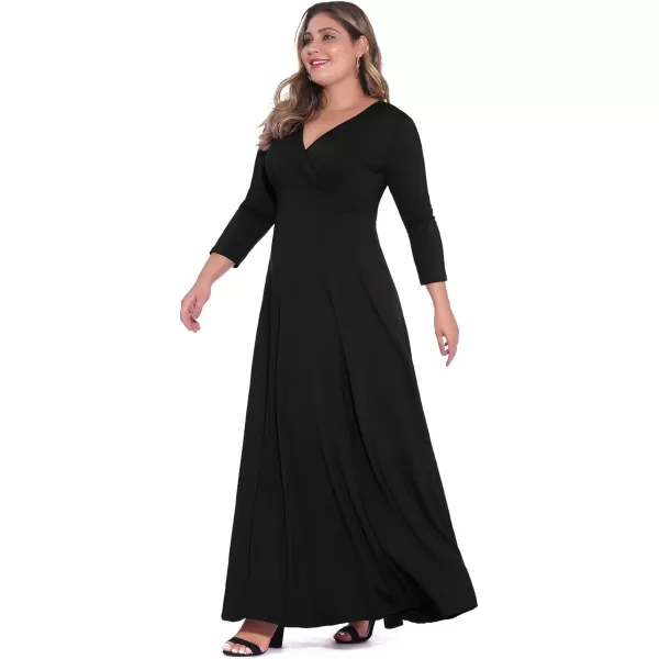 POSESHE Women's Solid V-Neck 3/4 Sleeve Plus Size Evening Party Maxi Dress