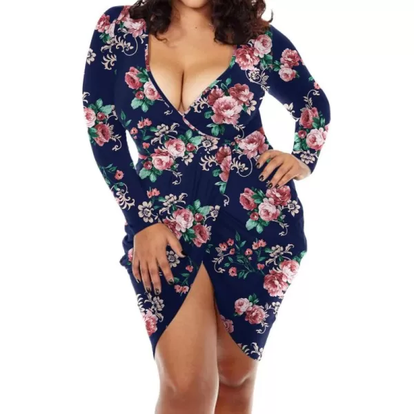POSESHE Womens Plus Size Deep V Neck Bodycon Wrap Dress with Front Slit