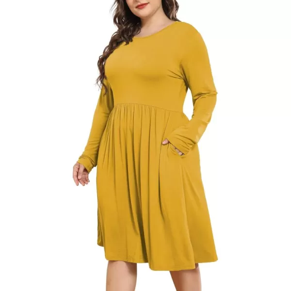 POSESHE Women's Plus Size Dresses Long Sleeves Crew Neck Casual Dresses Empire Waist Loose Flowy Dress with Pockets