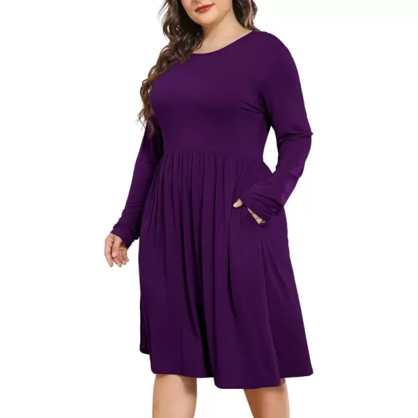 POSESHE Women's Plus Size Dresses Long Sleeves Crew Neck Casual Dresses Empire Waist Loose Flowy Dress with Pockets