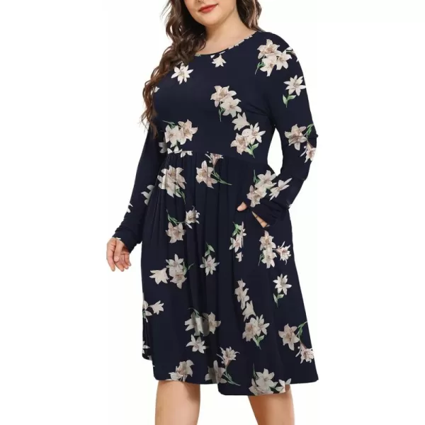 POSESHE Women's Plus Size Dresses Long Sleeves Crew Neck Casual Dresses Empire Waist Loose Flowy Dress with Pockets