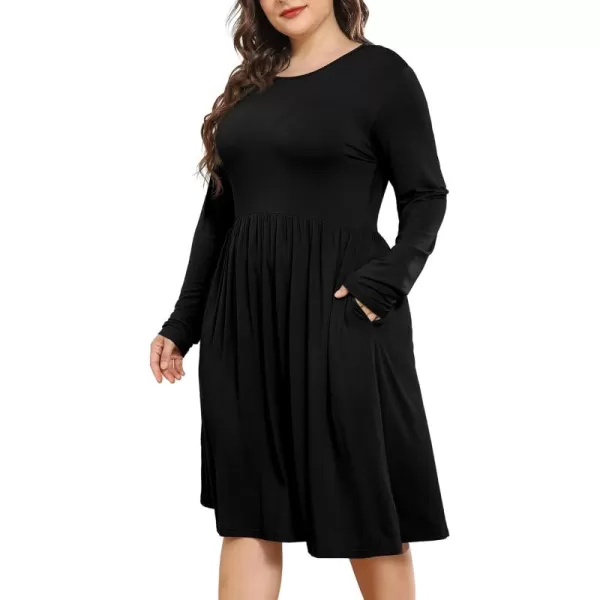 POSESHE Women's Plus Size Dresses Long Sleeves Crew Neck Casual Dresses Empire Waist Loose Flowy Dress with Pockets