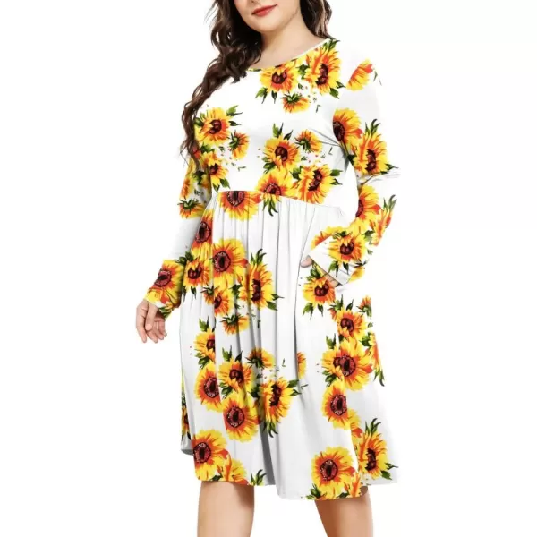 POSESHE Women's Plus Size Dresses Long Sleeves Crew Neck Casual Dresses Empire Waist Loose Flowy Dress with Pockets