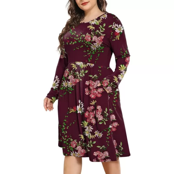 POSESHE Women's Plus Size Dresses Long Sleeves Crew Neck Casual Dresses Empire Waist Loose Flowy Dress with Pockets