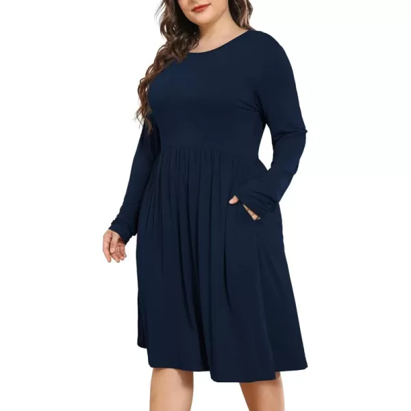 POSESHE Women's Plus Size Dresses Long Sleeves Crew Neck Casual Dresses Empire Waist Loose Flowy Dress with Pockets