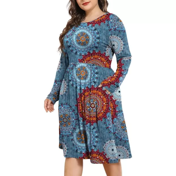 POSESHE Women's Plus Size Dresses Long Sleeves Crew Neck Casual Dresses Empire Waist Loose Flowy Dress with Pockets