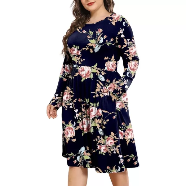 POSESHE Women's Plus Size Dresses Long Sleeves Crew Neck Casual Dresses Empire Waist Loose Flowy Dress with Pockets